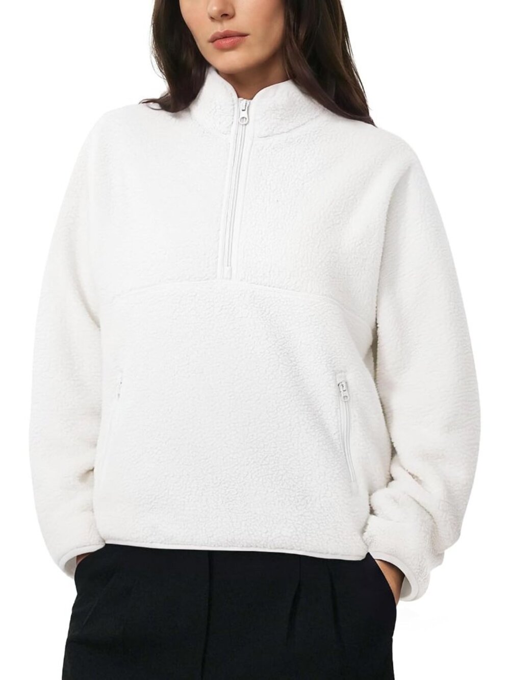 Women's Cream White Mock Neck Quarter ZIP Fleece Sherpa Pullover Warm Sweatshirt